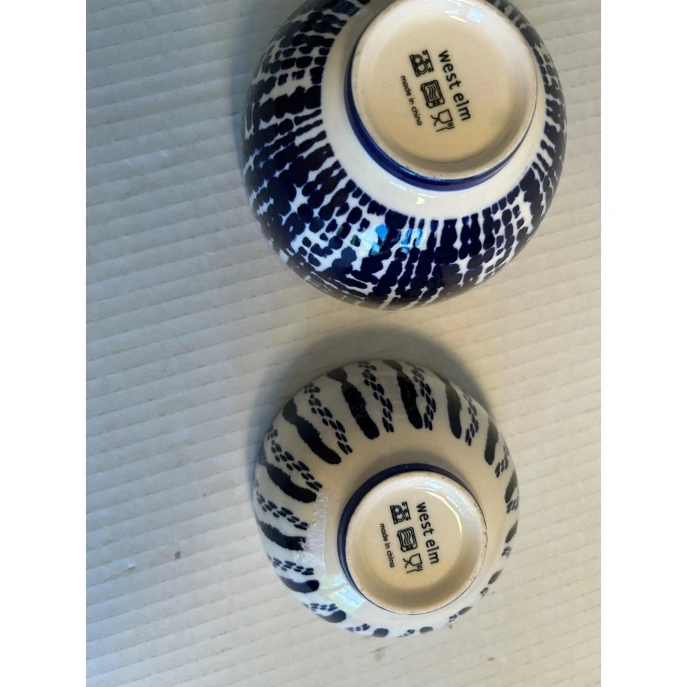 West Elm Indigo Tie Dye Bowls Set of 2 Blue White Ceramic Stoneware Decor